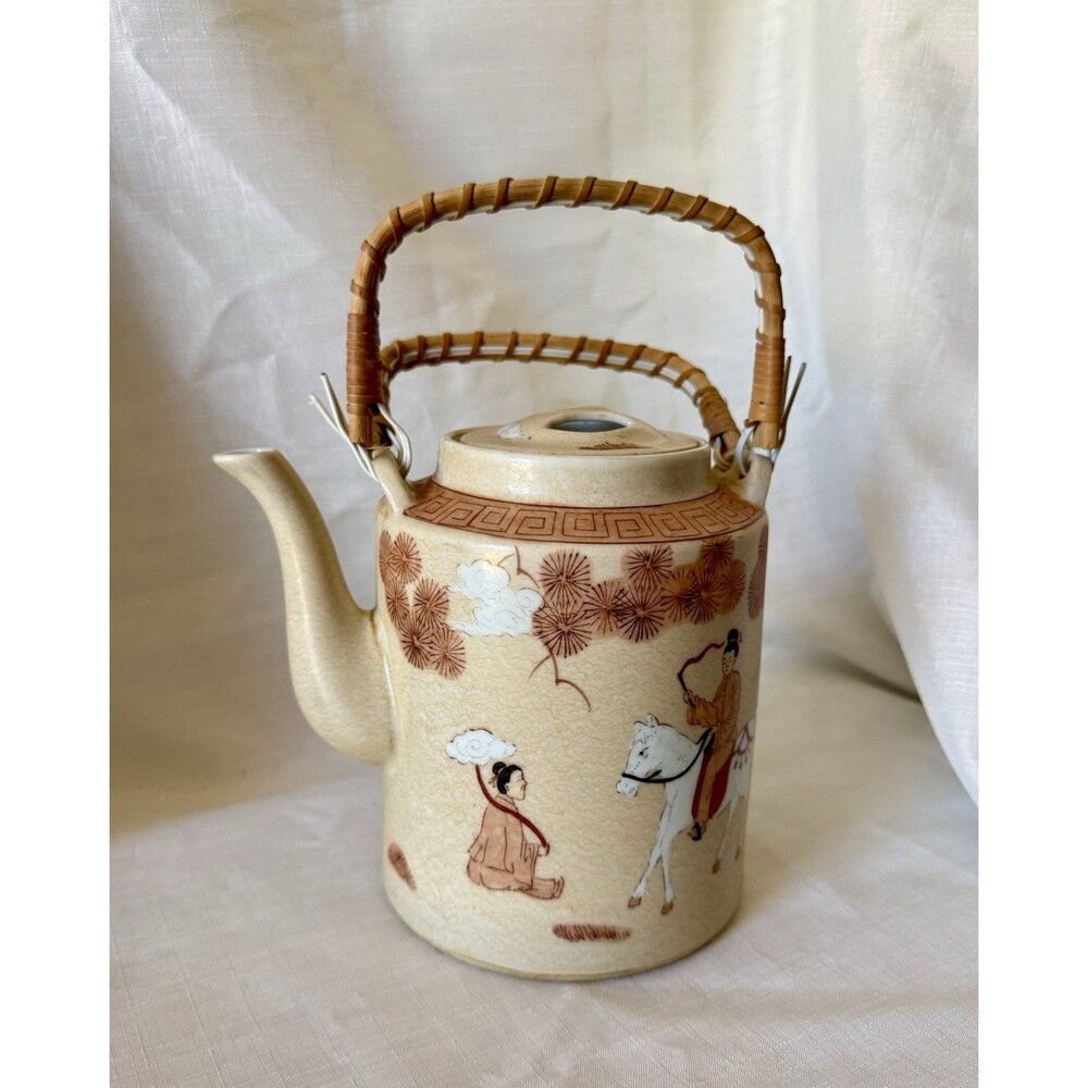 Vintage Porcelain Ware Tea Pot A.C.F. Satsuma Japan 1970s Tan Black Bamboo